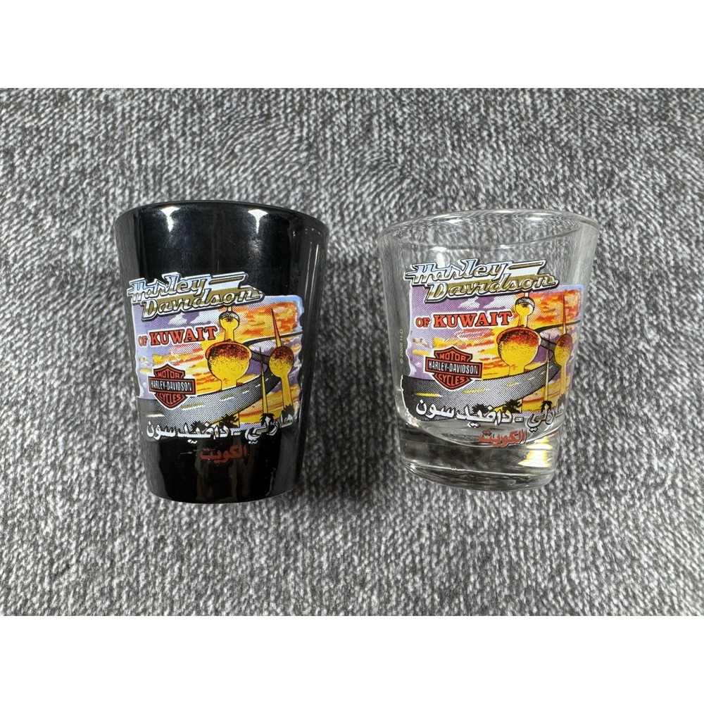 Lot Of 2 Harley Davidson Of Kuwait Black And Clear Shot Glasses Global Products